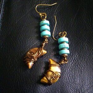 Wire Wrapped Tigereye Moon + Turquoise Howlite ~ One-of-a-kind Dangle Earrings